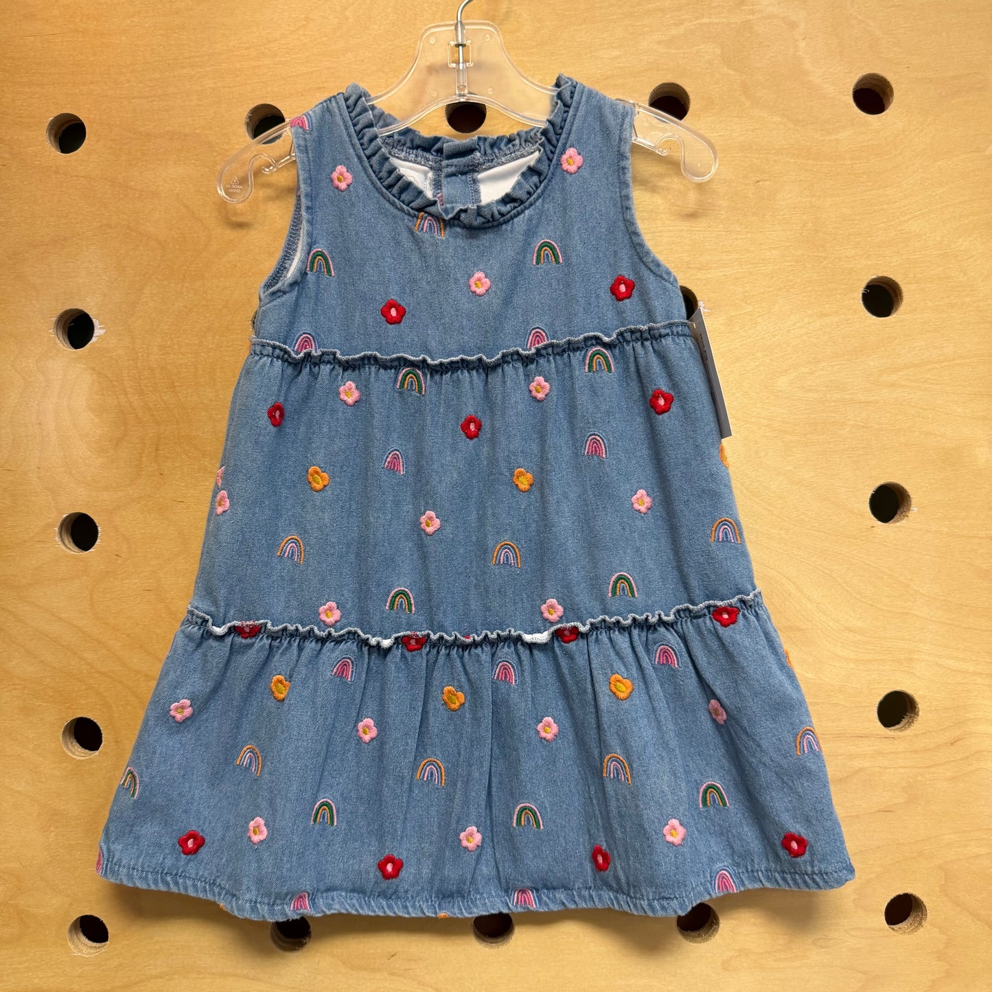 Embroidered Denim Tiered Dress
