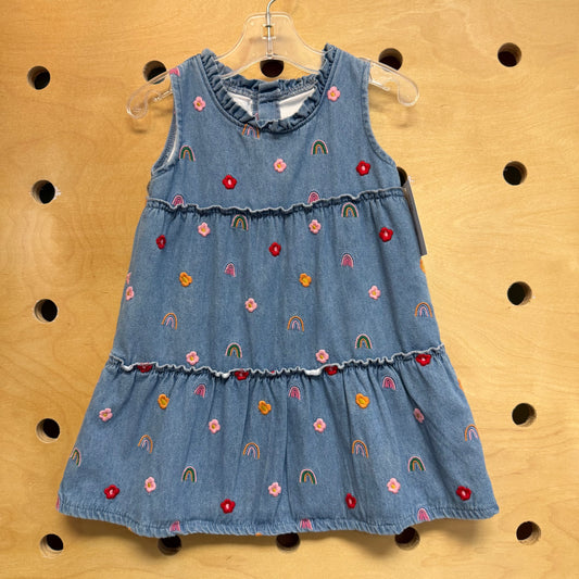 Embroidered Denim Tiered Dress