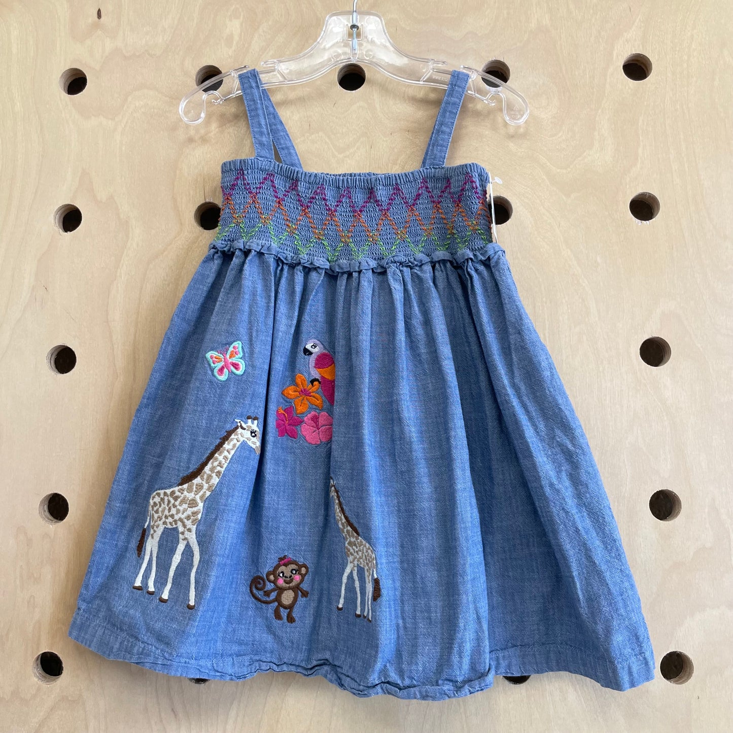 Chambray Smocked Embroidered Dress