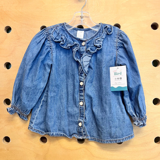 Soft Denim Ruffle Button Up LS