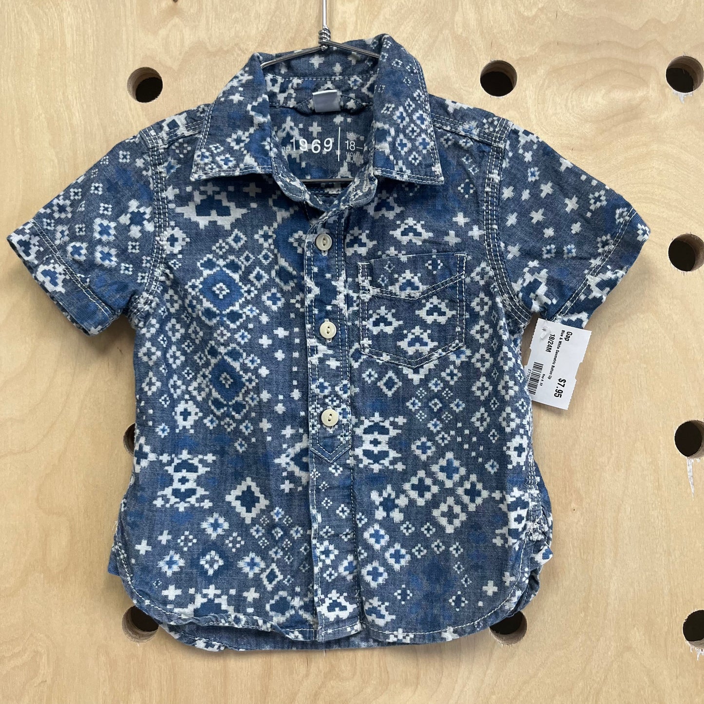 Blue & White Geometric Button Up