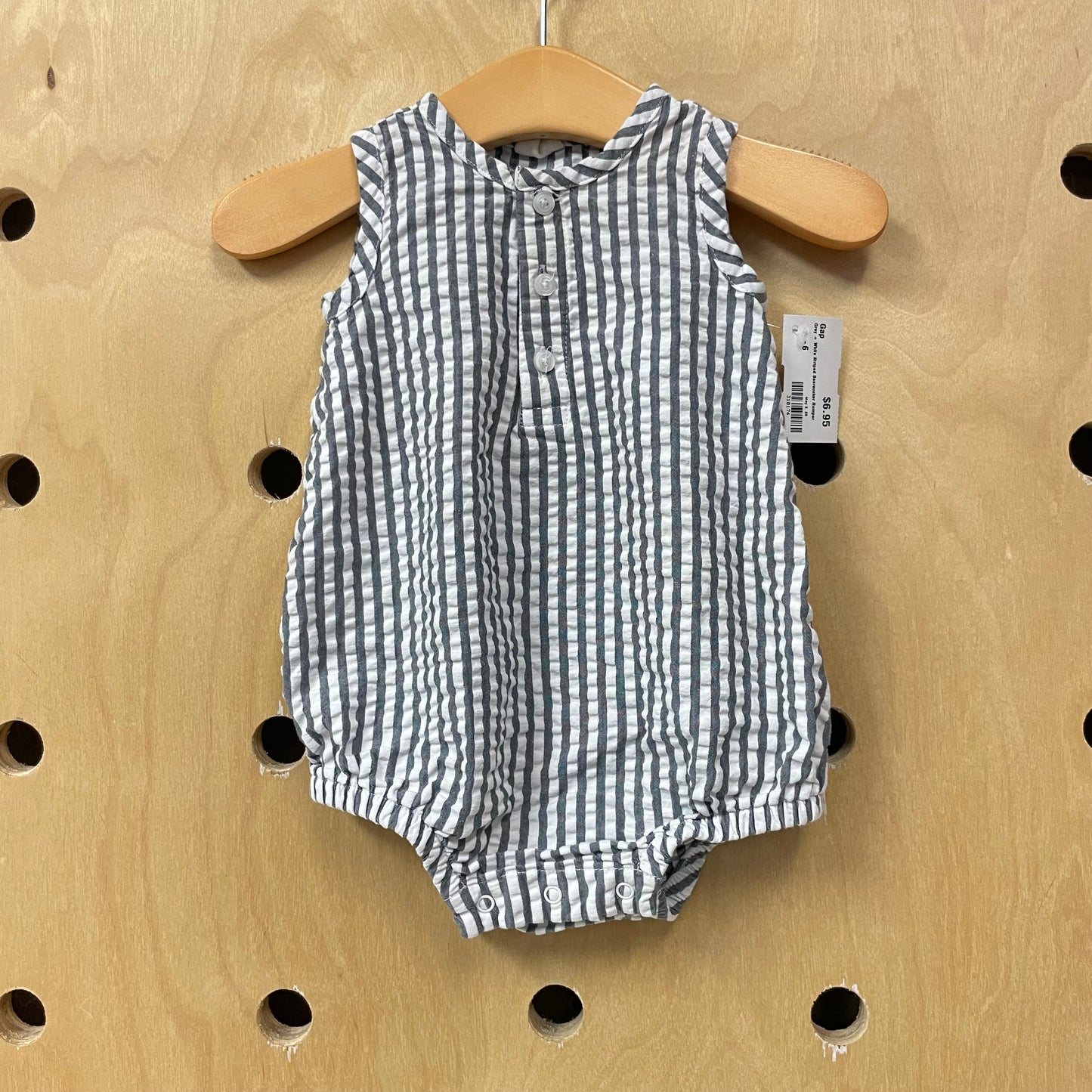 Grey + White Striped Seersucker Romper