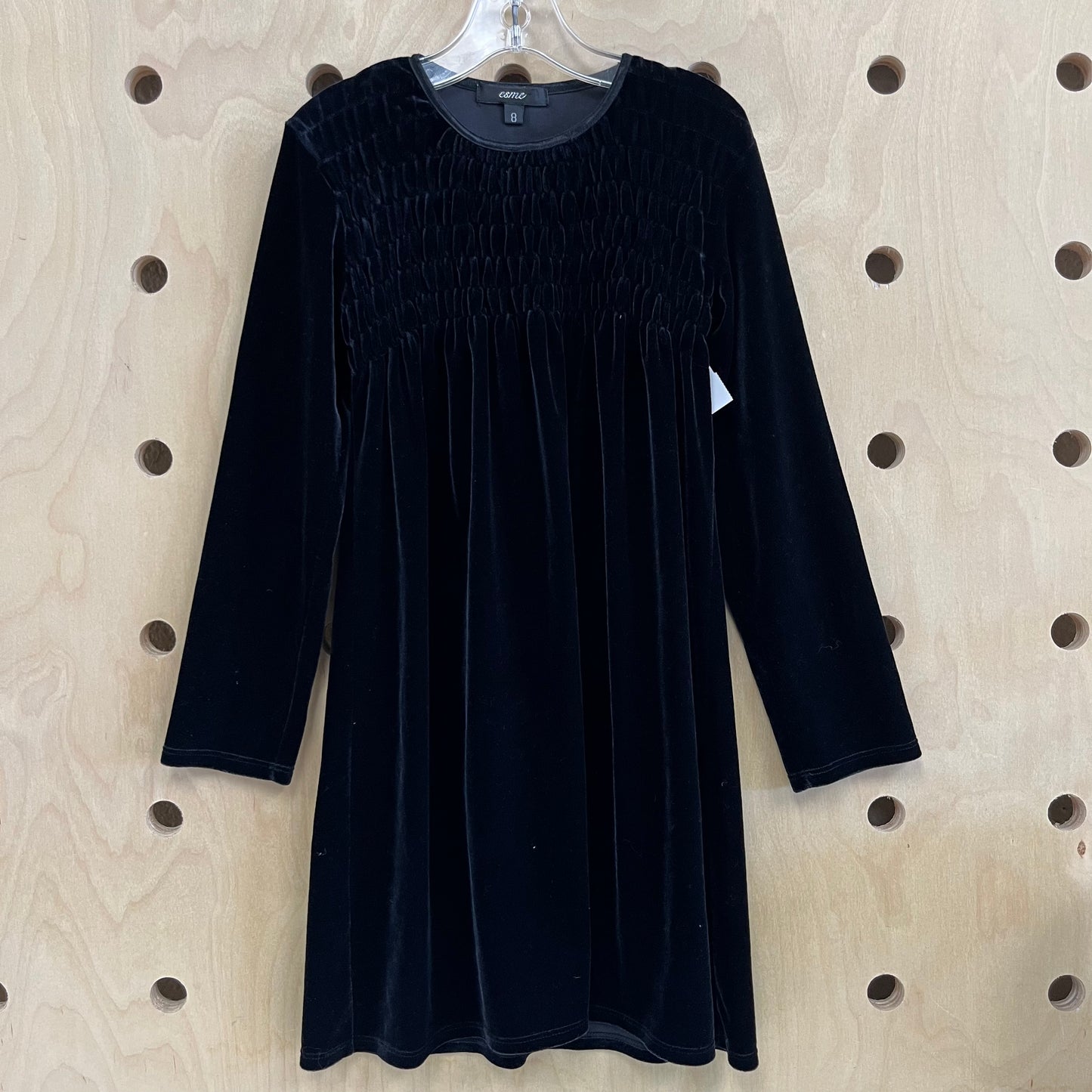 Black Velour LS Smocked Dress