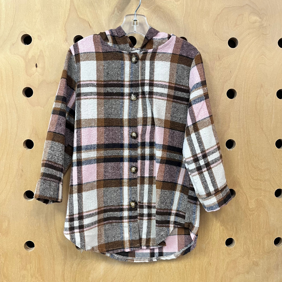 Pink/Brown Plaid Flannel Hoodie Shacket