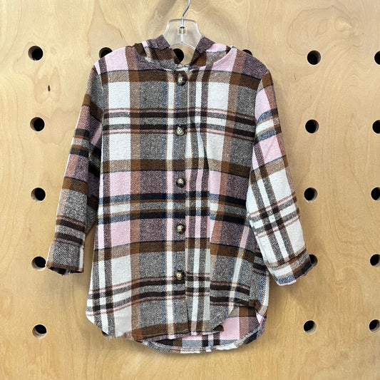 Pink/Brown Plaid Flannel Hoodie Shacket