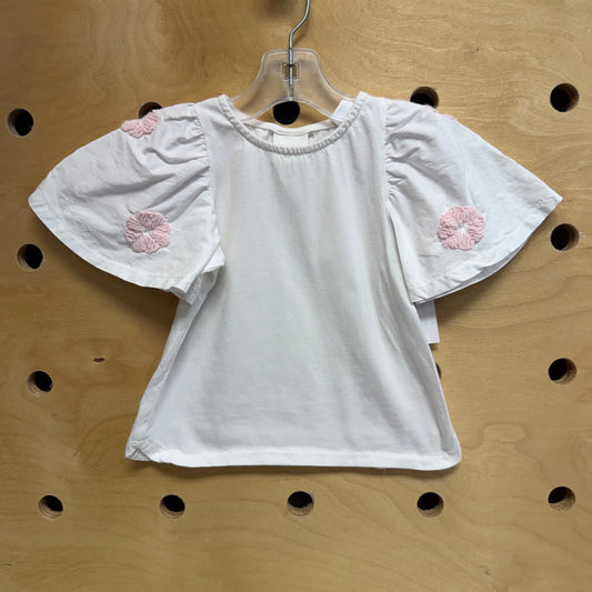 White & Pink Embroidered Flowers Top