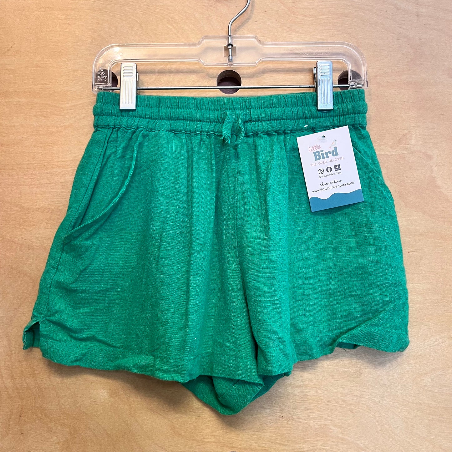 Green Linen Blend Drawstring Shorts