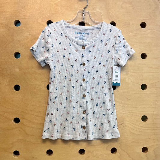 Grey Ribbed Floral Button Tee
