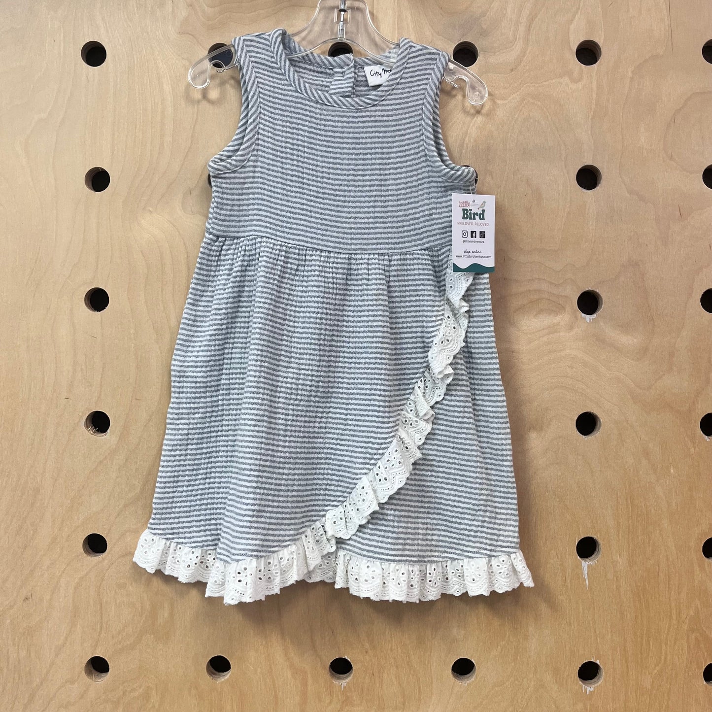 Grey Striped Gauze + Eyelet Dress
