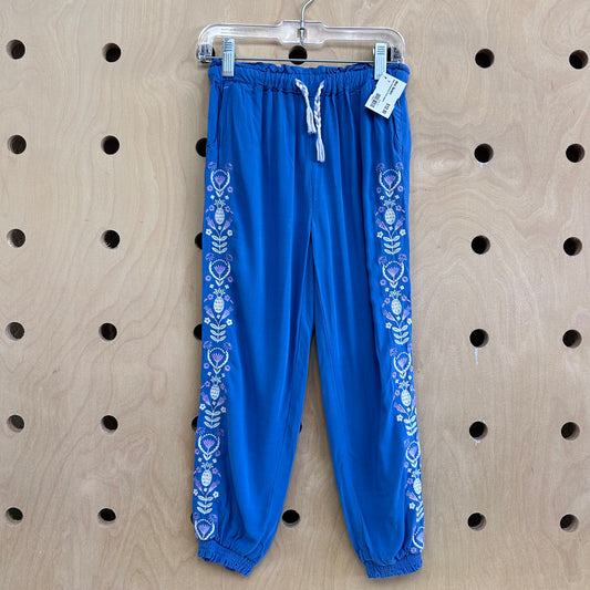 Blue Embroidered Floral Joggers