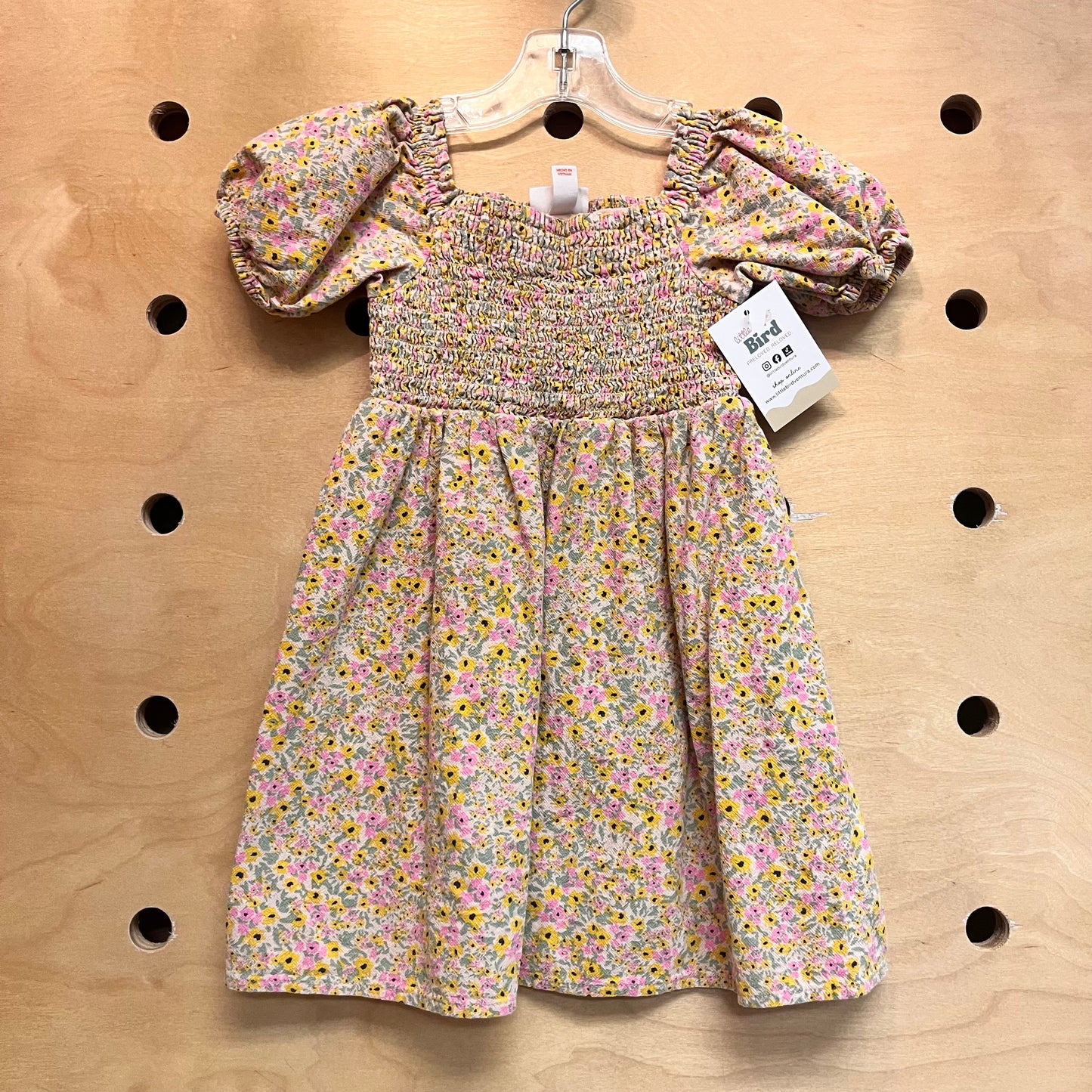 Beige Floral Smocked Dress