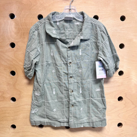 Green Embroidered Linen Blend Button Up
