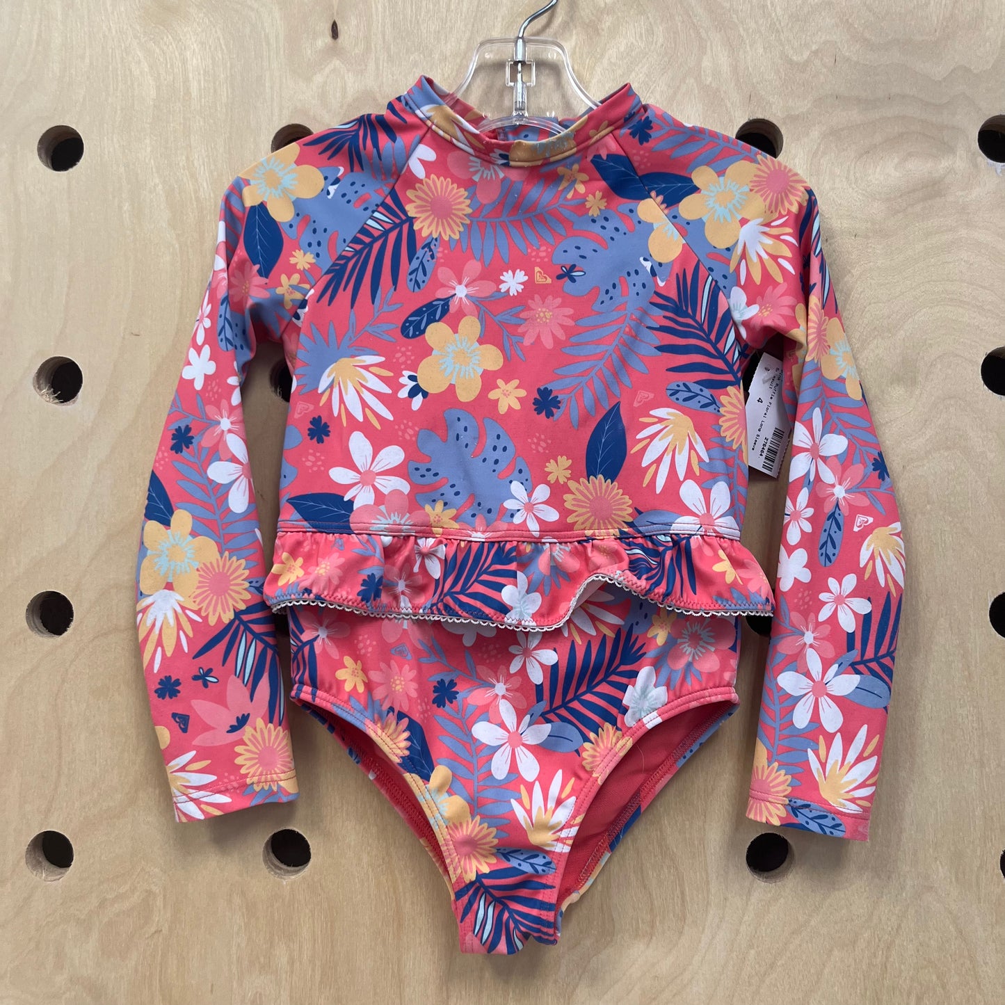 Pink Ruffle Floral Long Sleeve Swimsuit