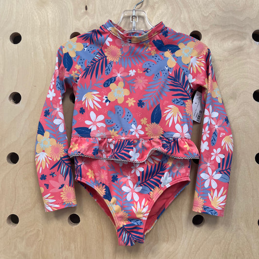 Pink Ruffle Floral Long Sleeve Swimsuit