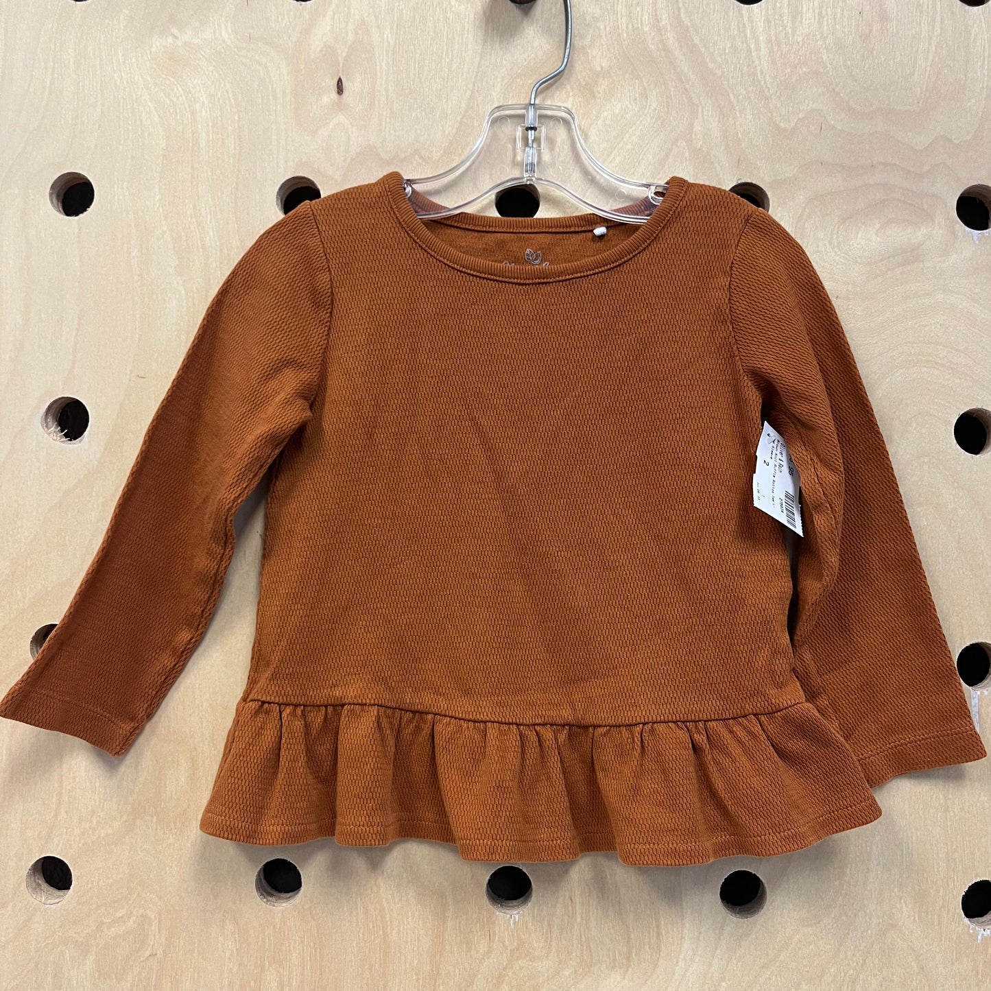 Brown Knit Ruffle Bottom Tee Long Sleeve