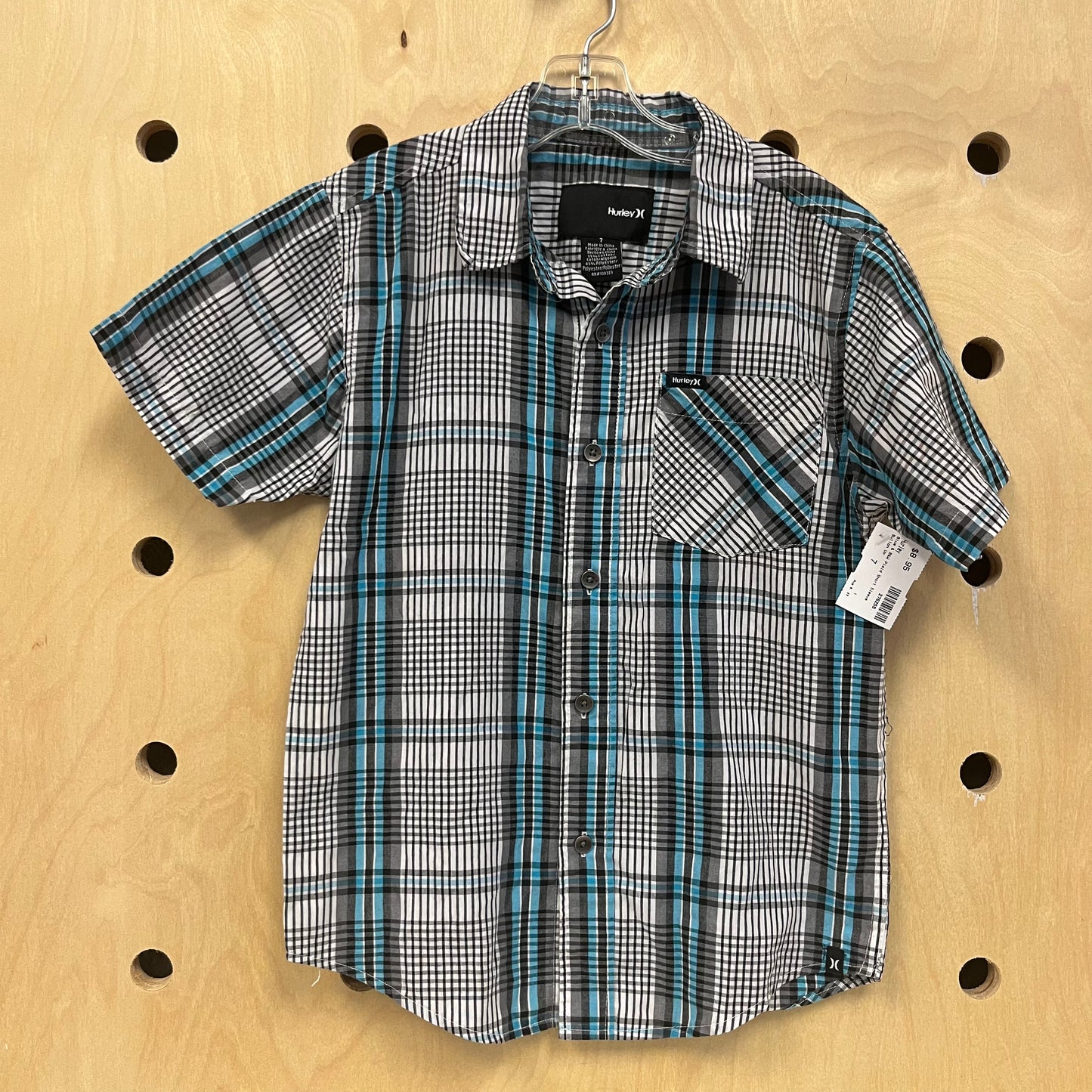 Blue & B&W Plaid Short Sleeve Button Up