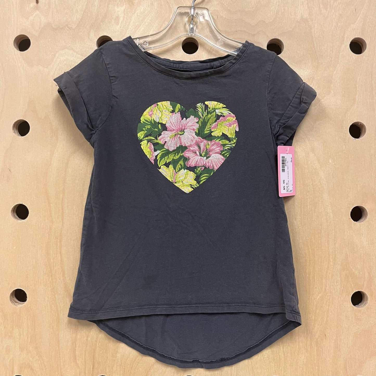 Grey Glitter Hibiscus Heart Tee