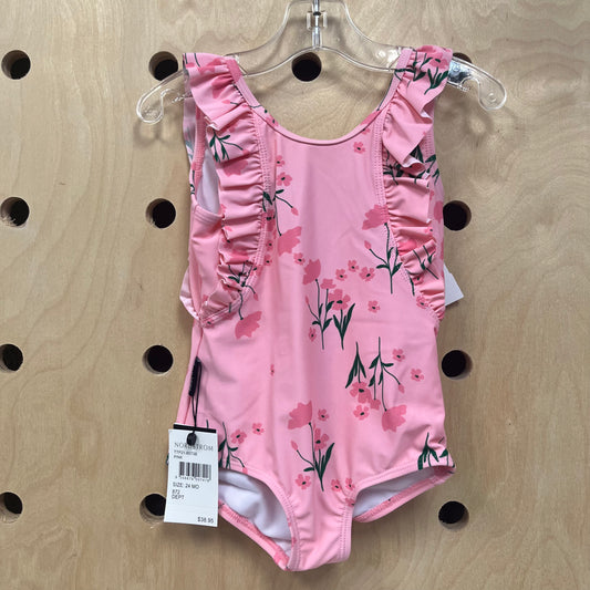 Pink Floral Ruffle Shoulder Swimsuit