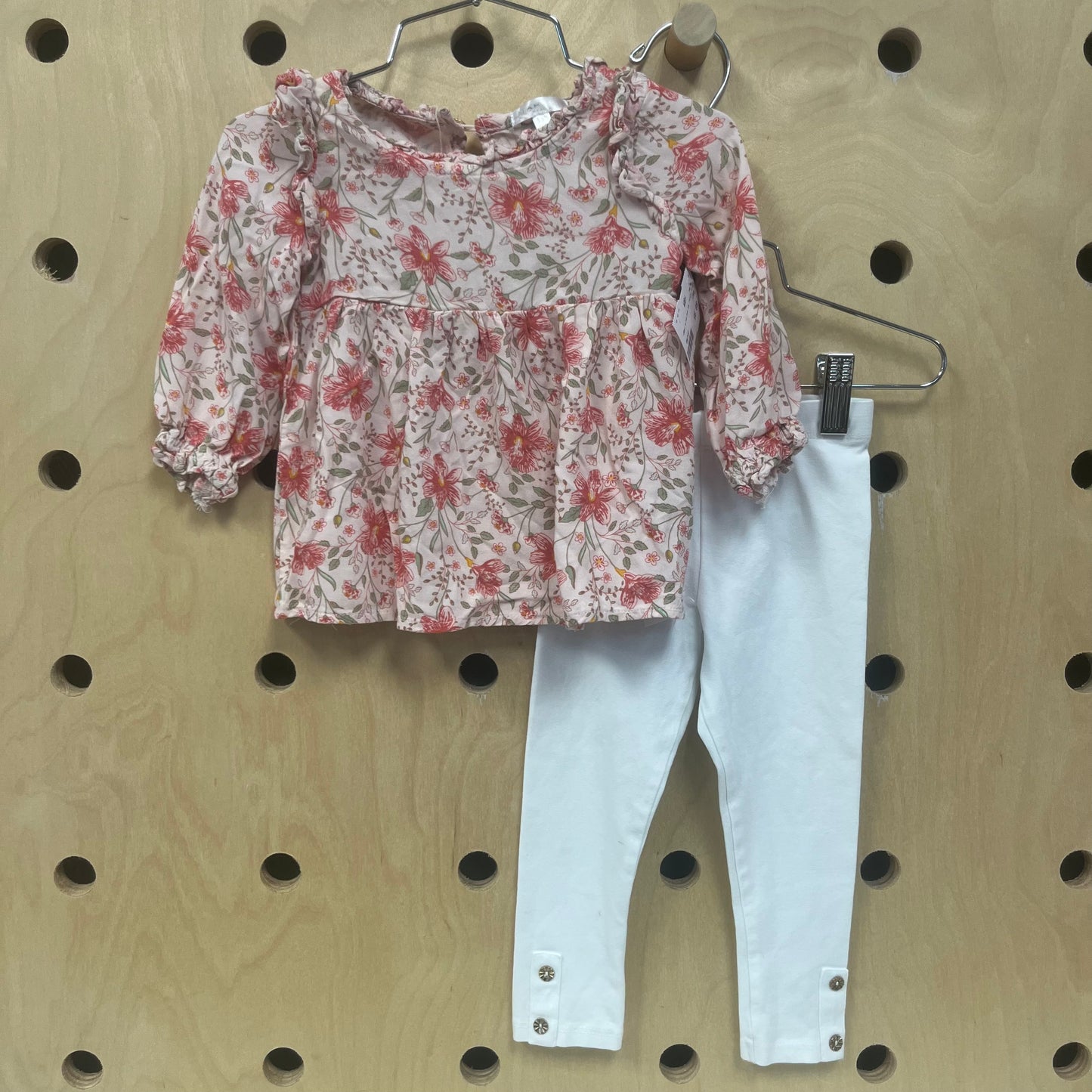 Pink Floral Top and White Legging Set