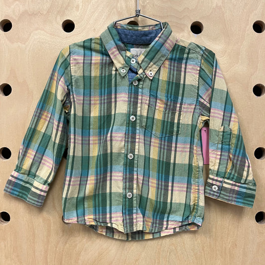 Green Plaid Long Sleeve Button Up