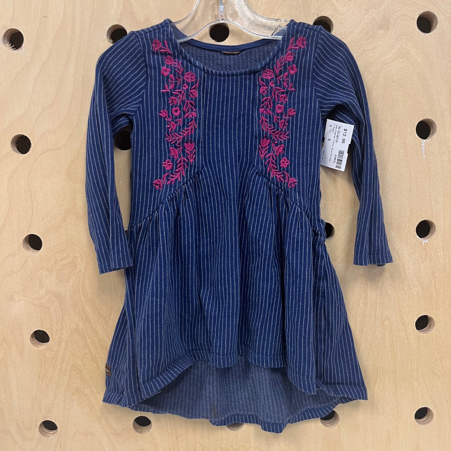 Embroidered Floral Blue Striped Dress