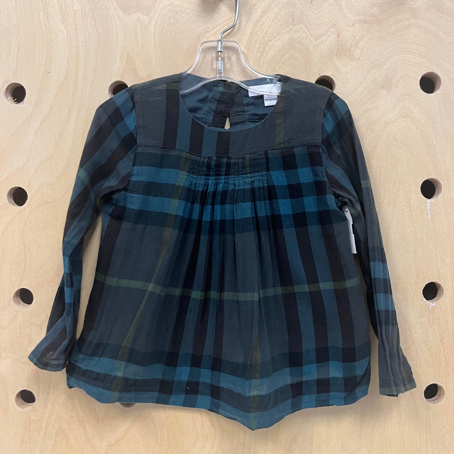 Black Plaid Button Back LS Top