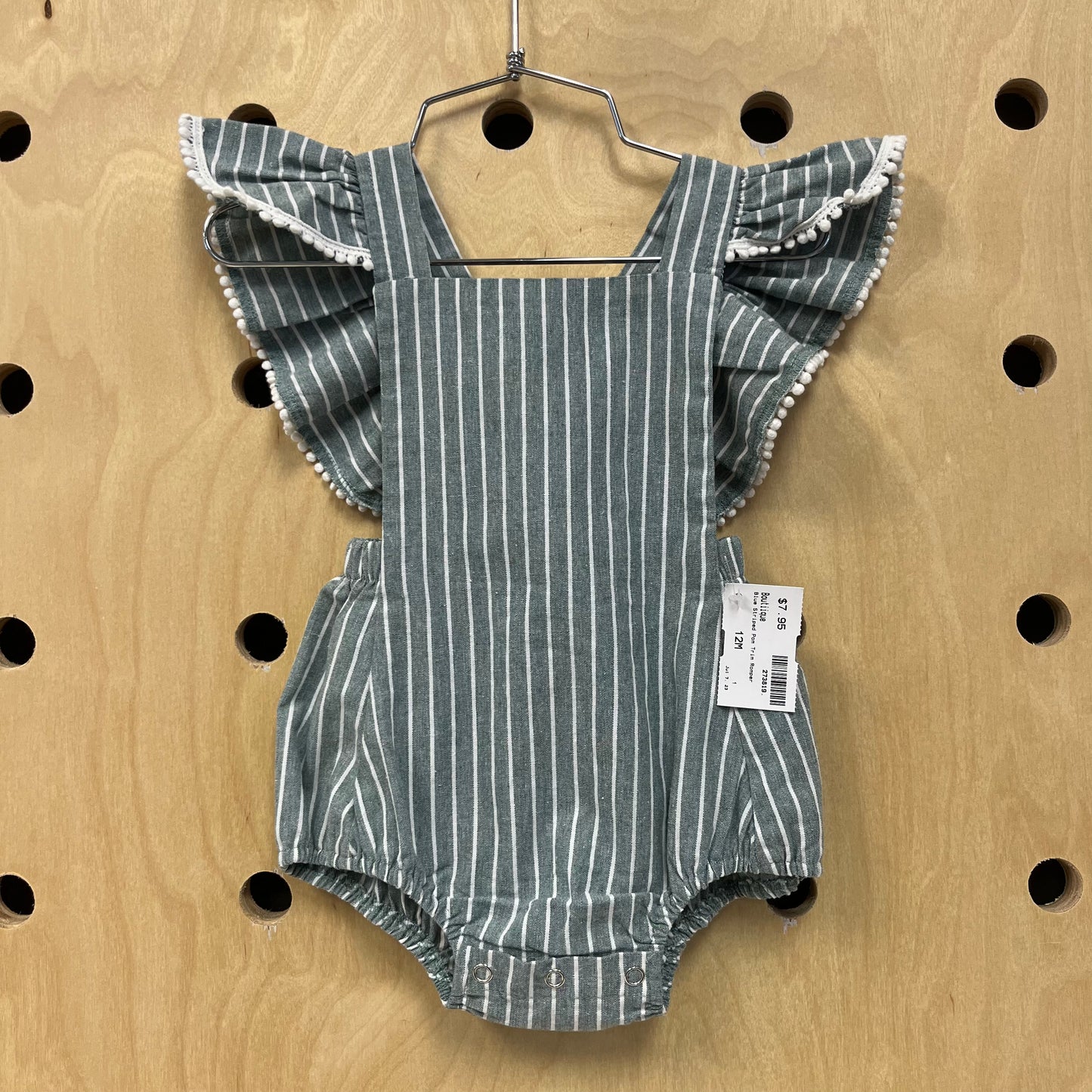 Blue Striped Pom Trim Romper