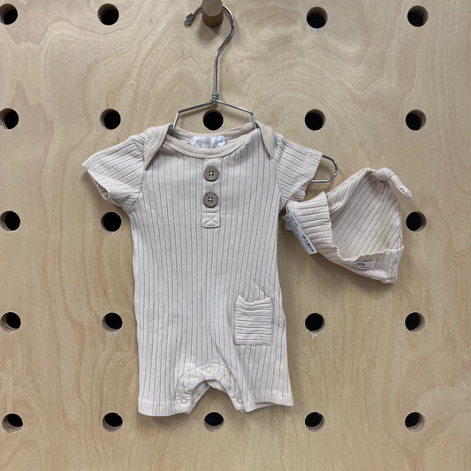 Beige Ribbed Romper & Hat