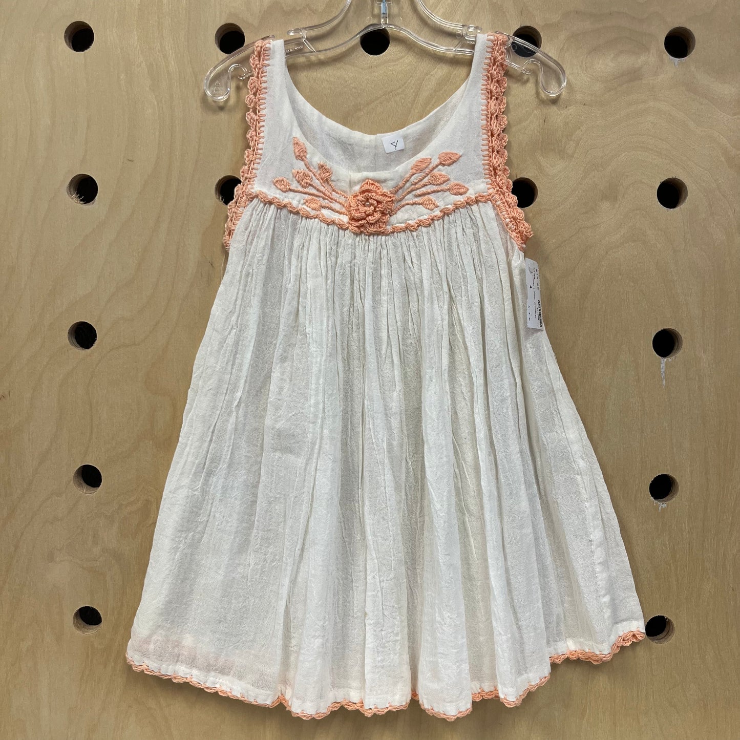 White Linen & Peach Crocheted Dress