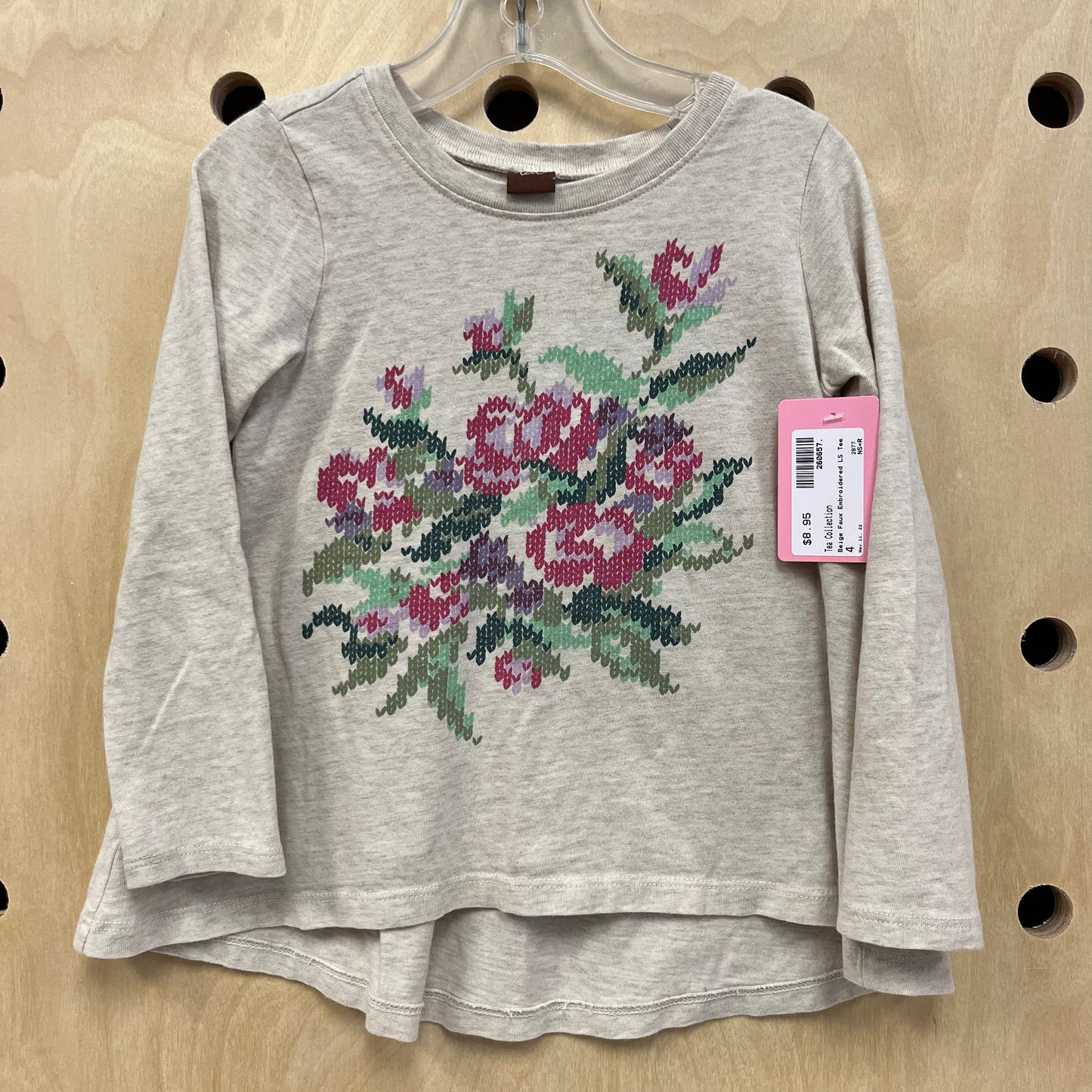 Beige Faux Embroidered LS Tee