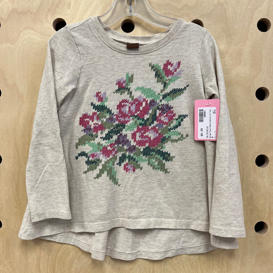 Beige Faux Embroidered LS Tee