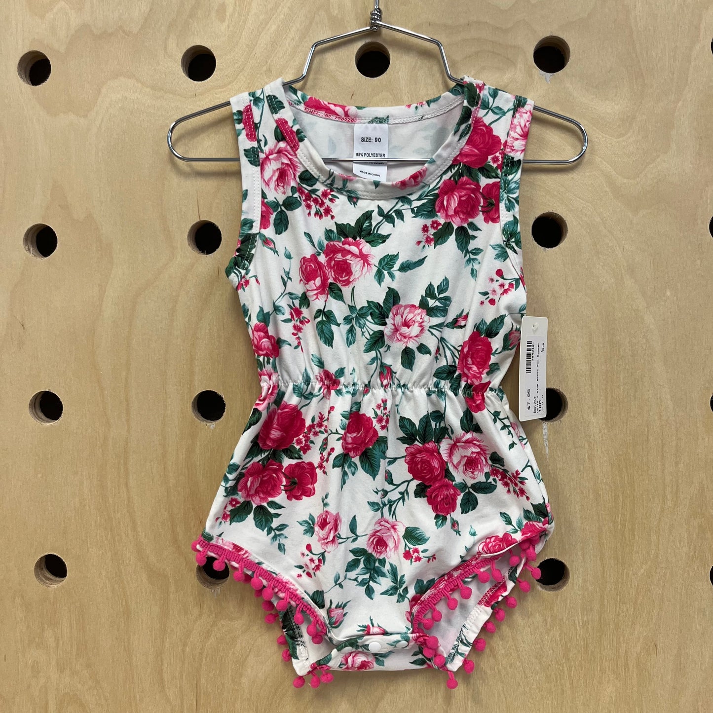 White + Pink Roses Pom Romper