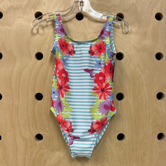 Blue Striped Floral Swimsuit