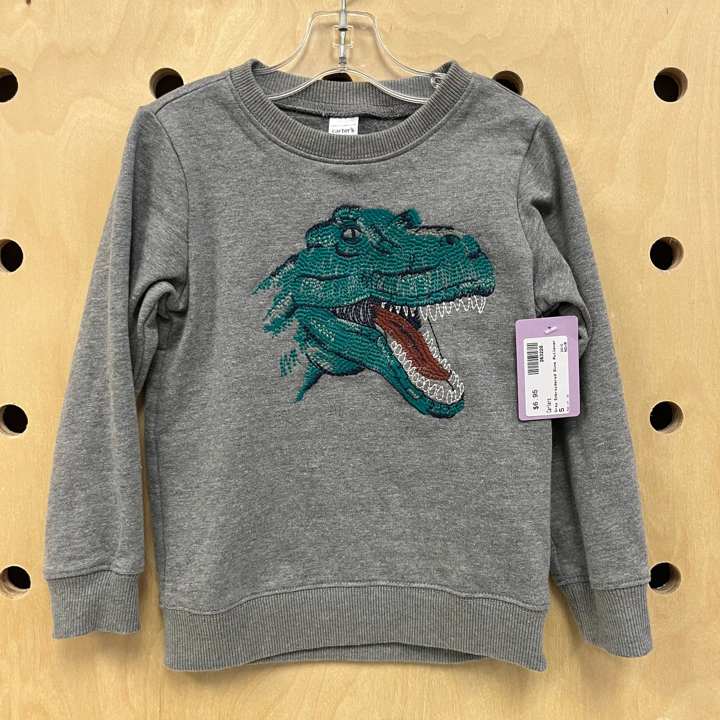 Grey Embroidered Dino Pullover