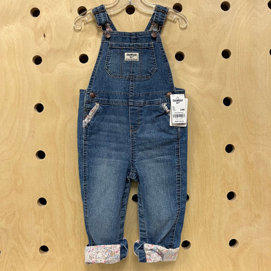 Denim Floral Cuff Overalls NEW
