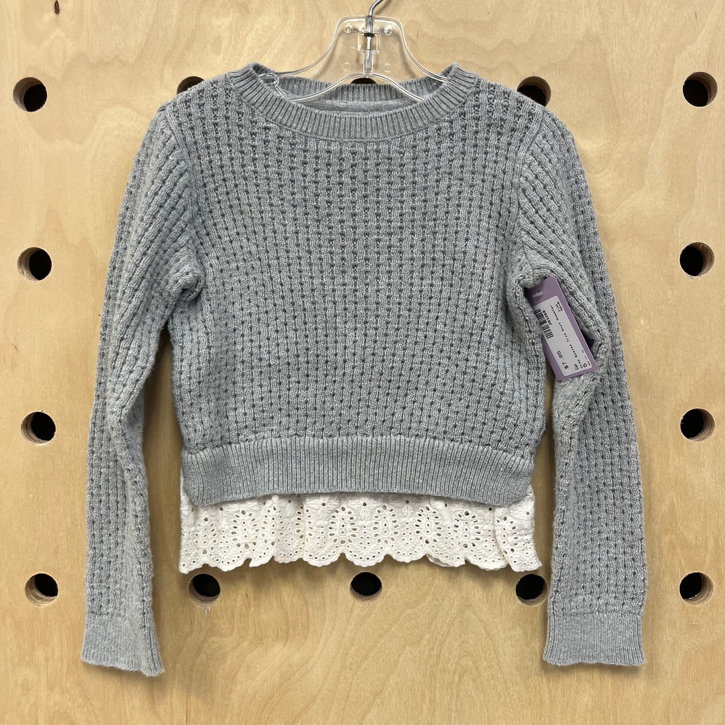 Grey Eyelet Trim Knit Sweater