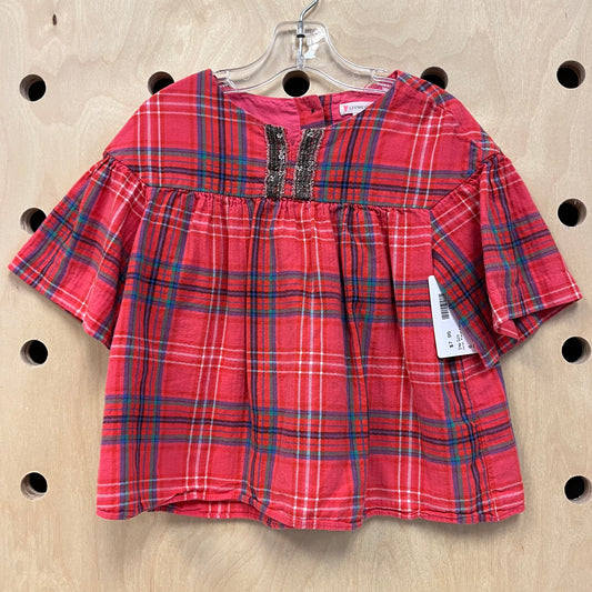 Coral Plaid Flowy Top