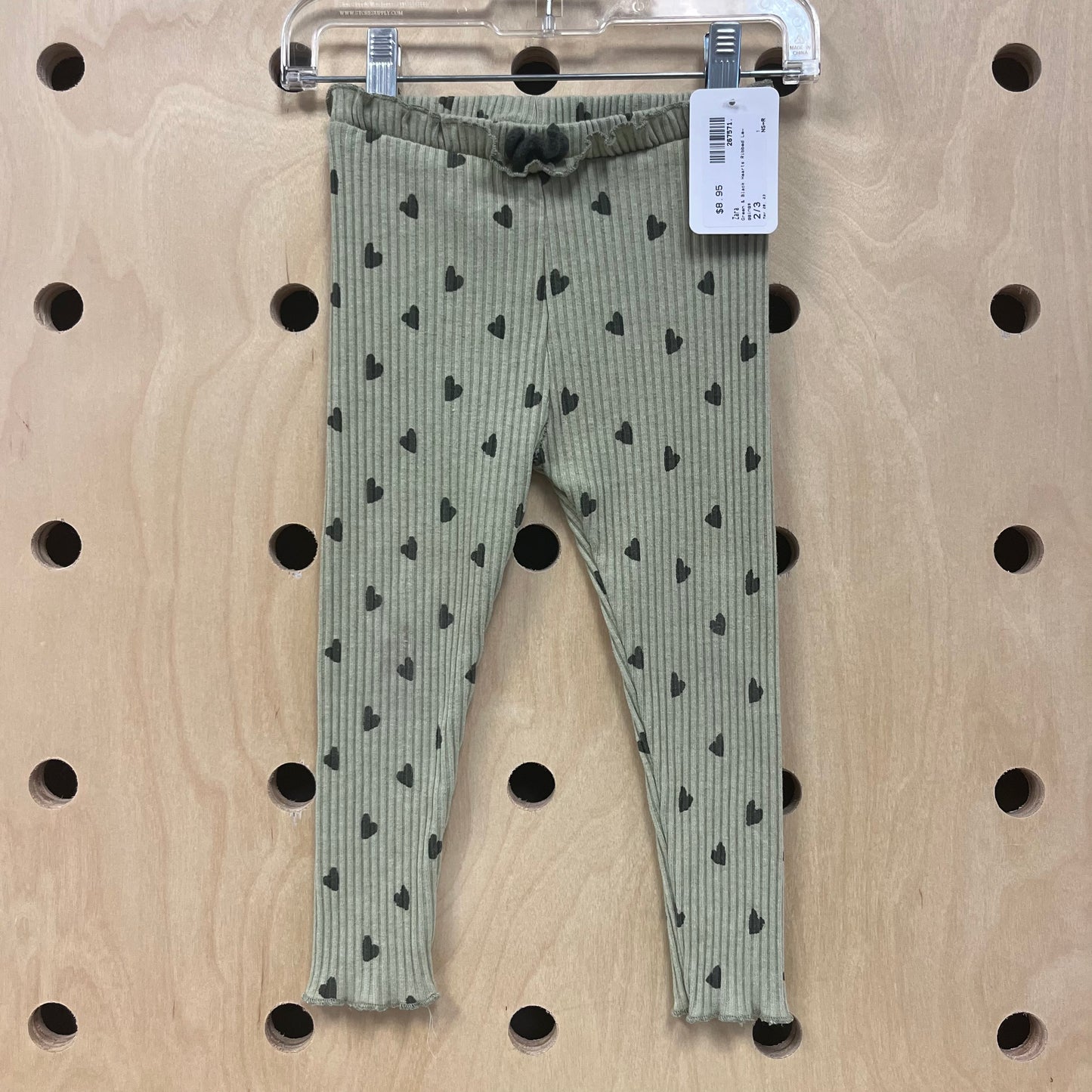 Green & Black Hearts Ribbed Leggings