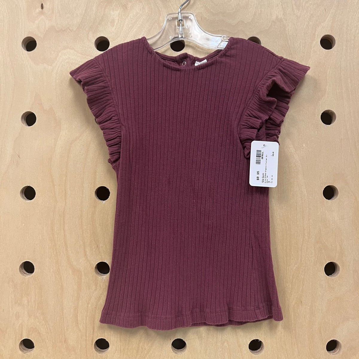 Wine Ribbed Organic Flutter Sleeve Top