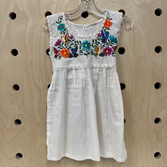 Cream Embroidered Floral Bird Dress
