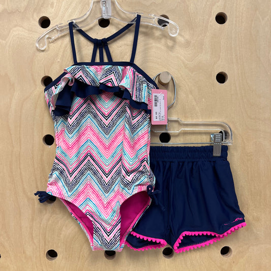Blue & Pink Striped Swimsuit & Shorts