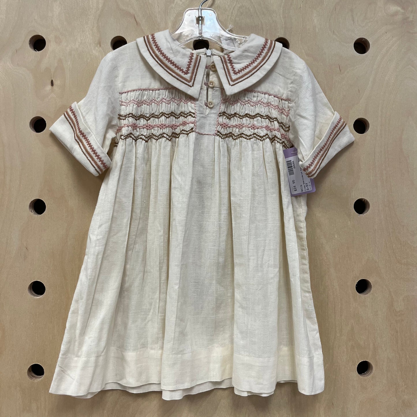 Cream Embroidered Smocked Dress