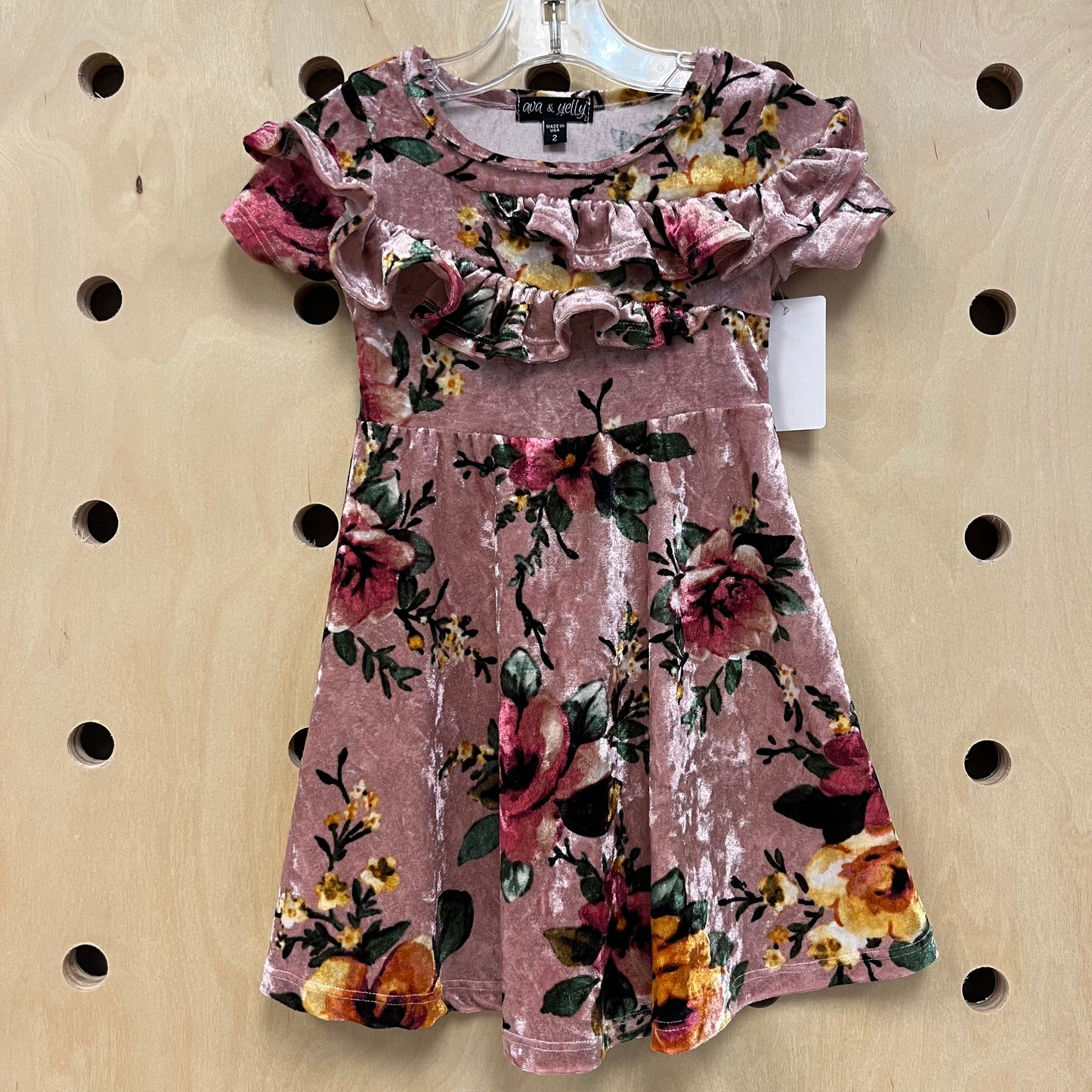 Pink Velour Floral Ruffle Dres