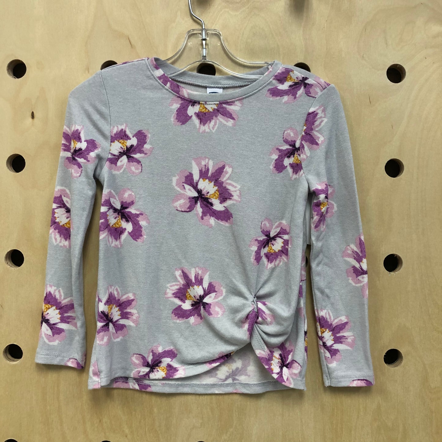 Grey Knit Floral Knot LS Top
