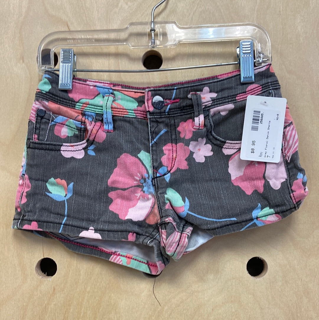 Grey Floral Denim Shorts