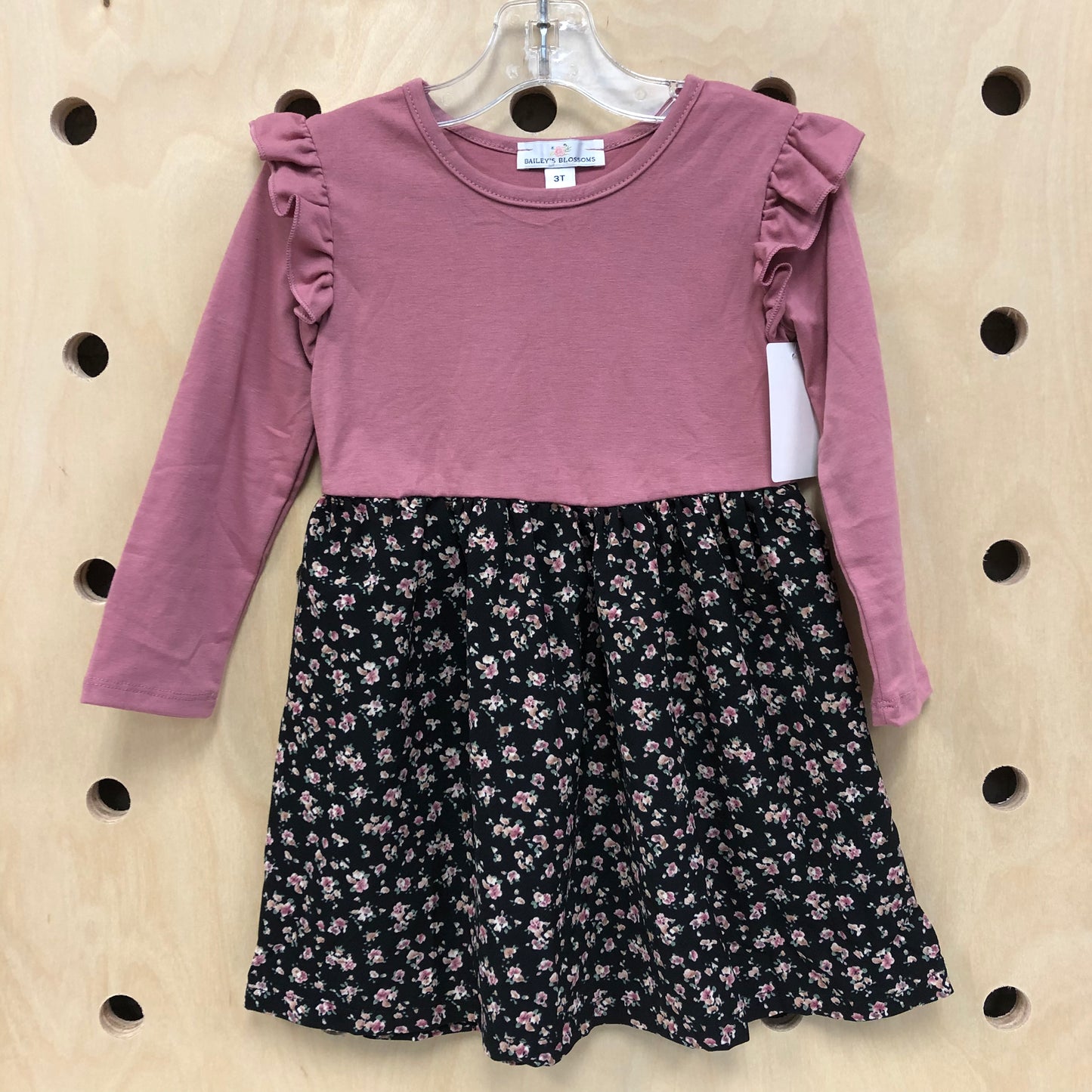 Mauve + Black Floral LS Dress