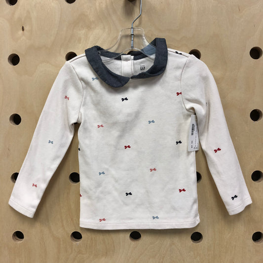 Cream Ribbed Bow LS Collar Top