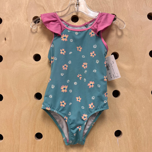 Teal + Pink Floral 1pc Swim