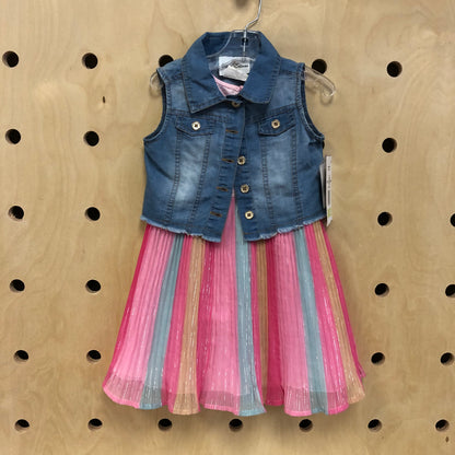 Pink Rainbow Dress +Denim Vest