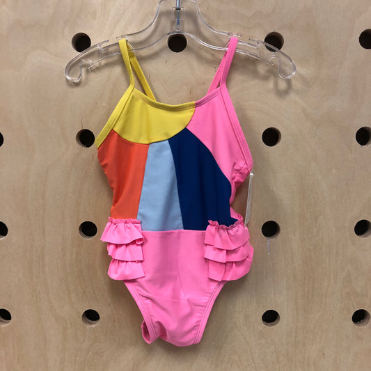 Pink Colorblock Ruffle Swimsuit
